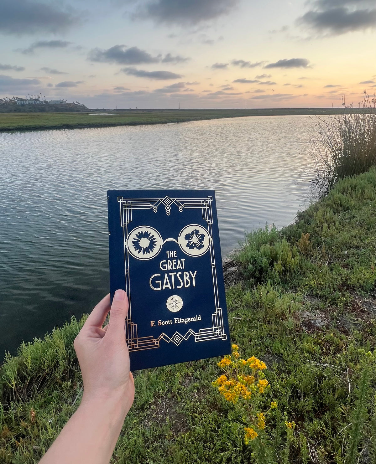 A hand holds a book of 'The Great Gatsby' with a dark blue cover and gold lettering, set against a scenic outdoor background of a lake at sunset.